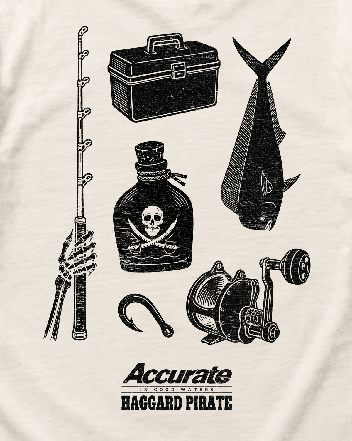 Close-up of the fishing-inspired back artwork on the Accurate × Haggard Pirate Natural tee