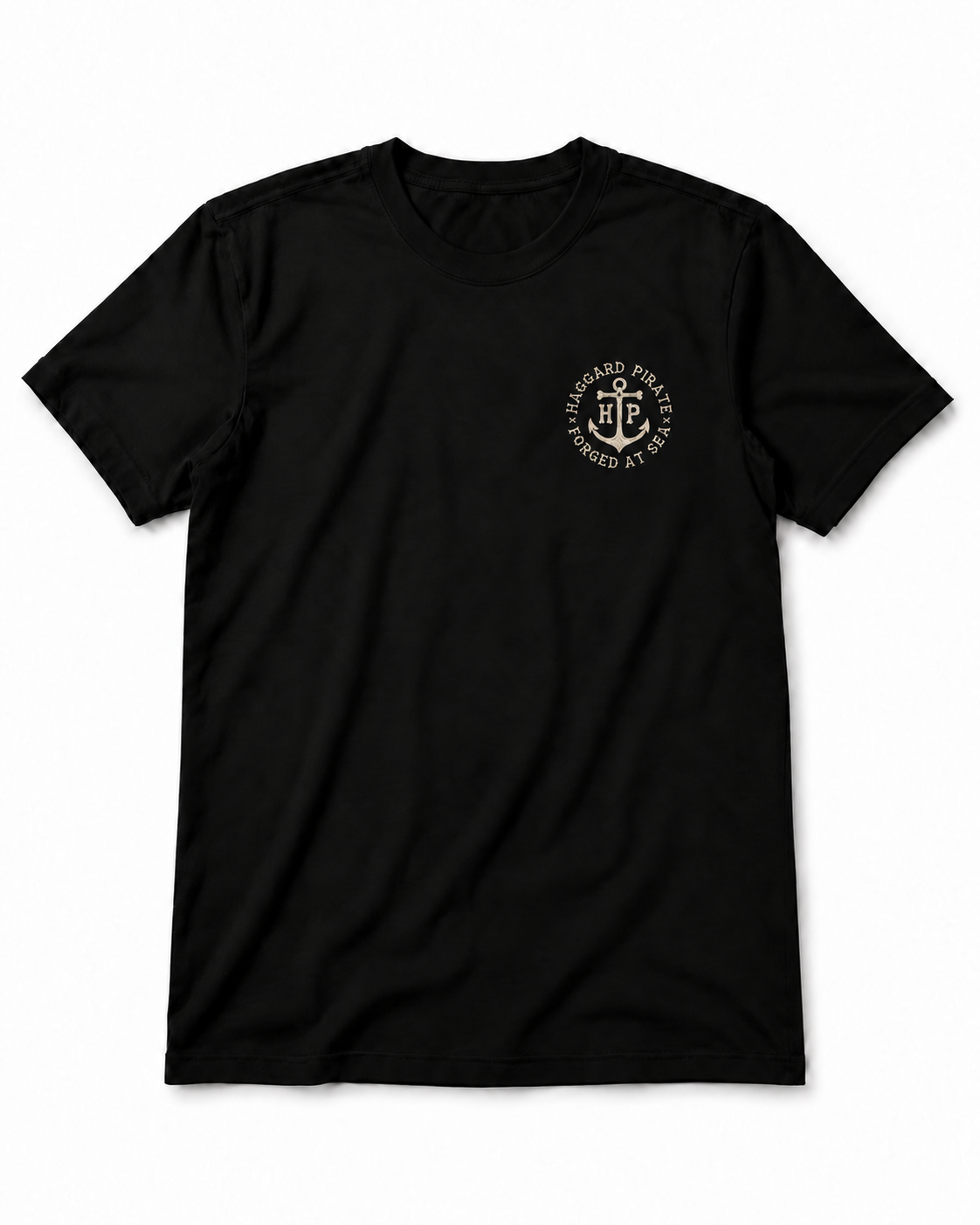 Anchored black tee front studio view with ivory anchor graphic