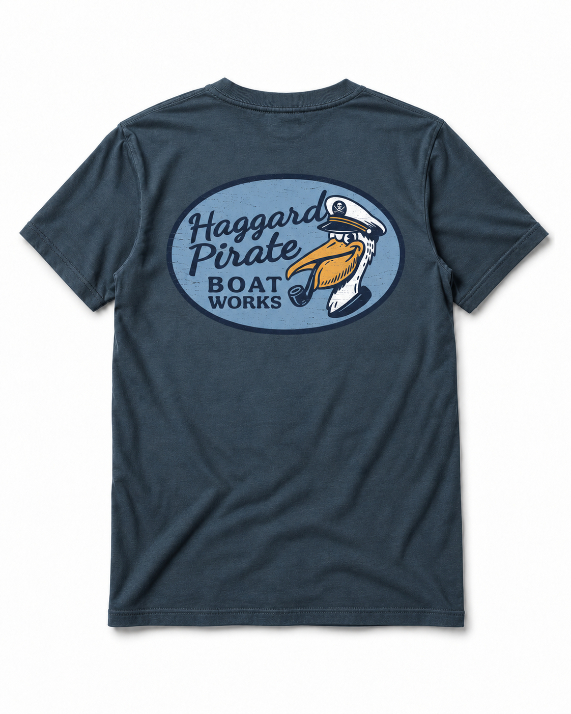 Back view of Petrol blue Boat Works Tee with oval pelican captain graphic