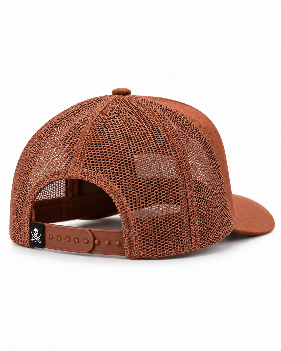 Brushline Trucker Coffee rear view with brown snapback and black skull and swords flag label