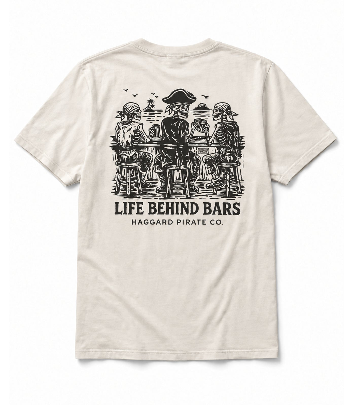 Back view of Haggard Pirate Behind Bars Tee in Bone with Life Behind Bars pirate artwork