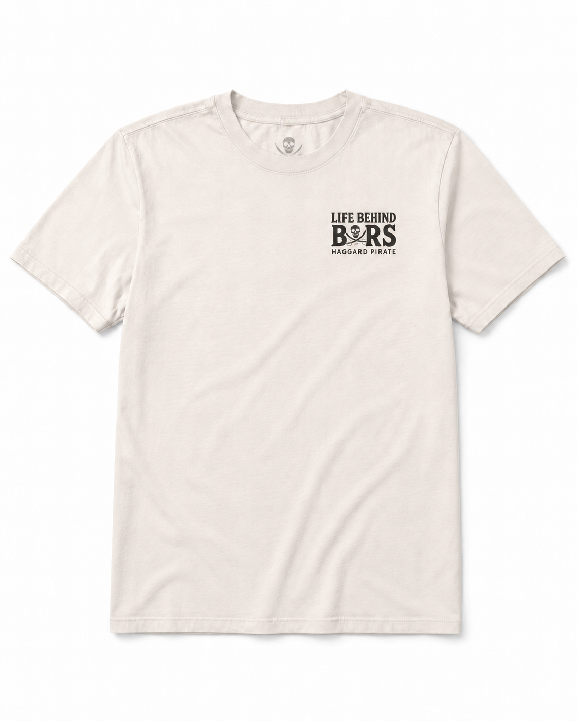 Front view of Haggard Pirate Behind Bars Tee in Bone with small left chest print