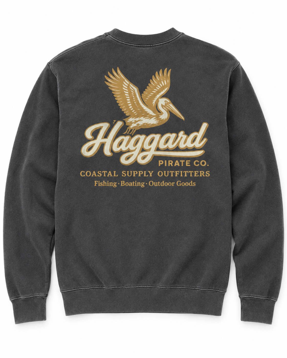 Back of the Outfitters Crewneck in Pigment Black with gold and ivory pelican and Coastal Supply Outfitters artwork.