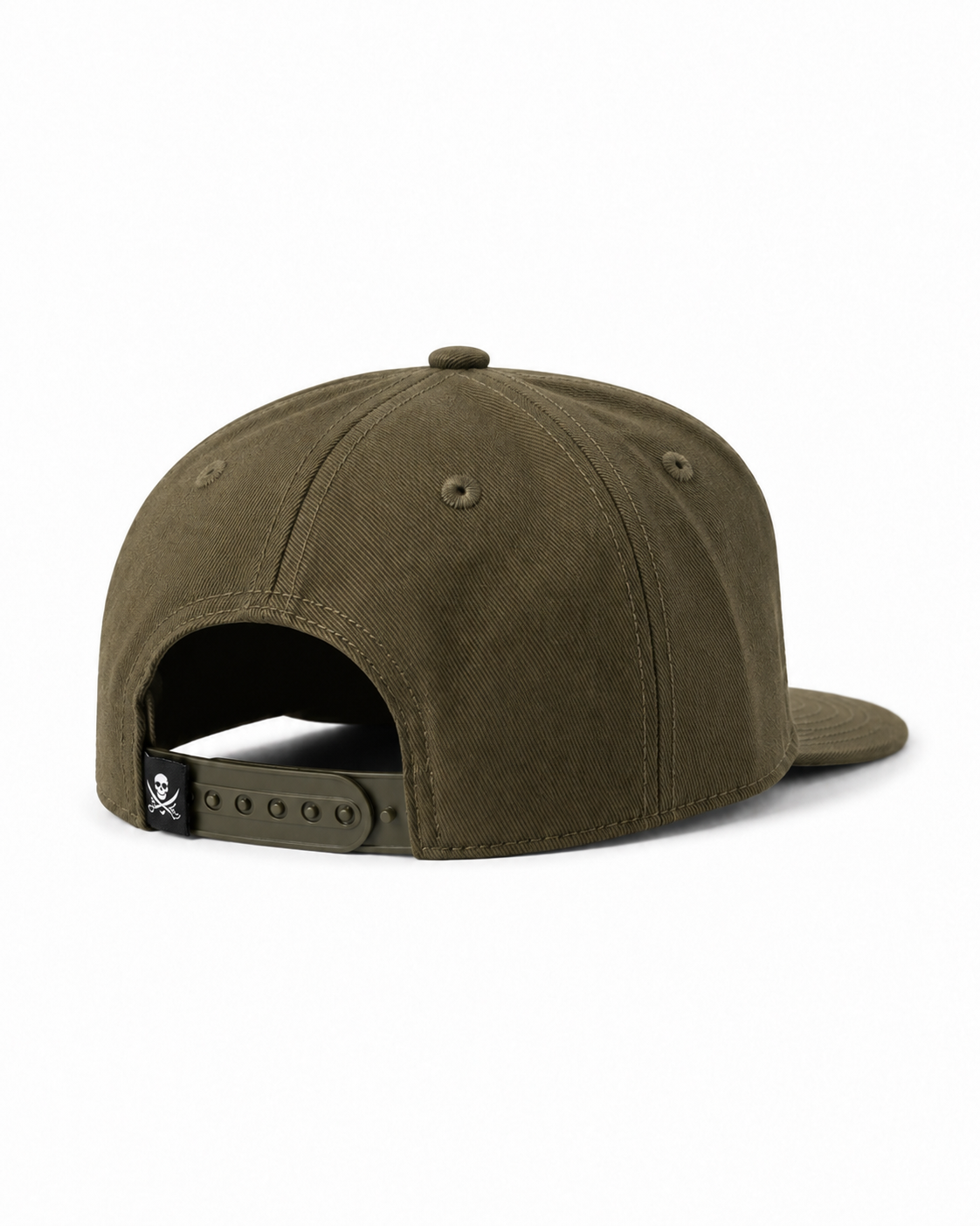 Script Snapback Olive Green rear view with olive snapback and black skull and swords flag label