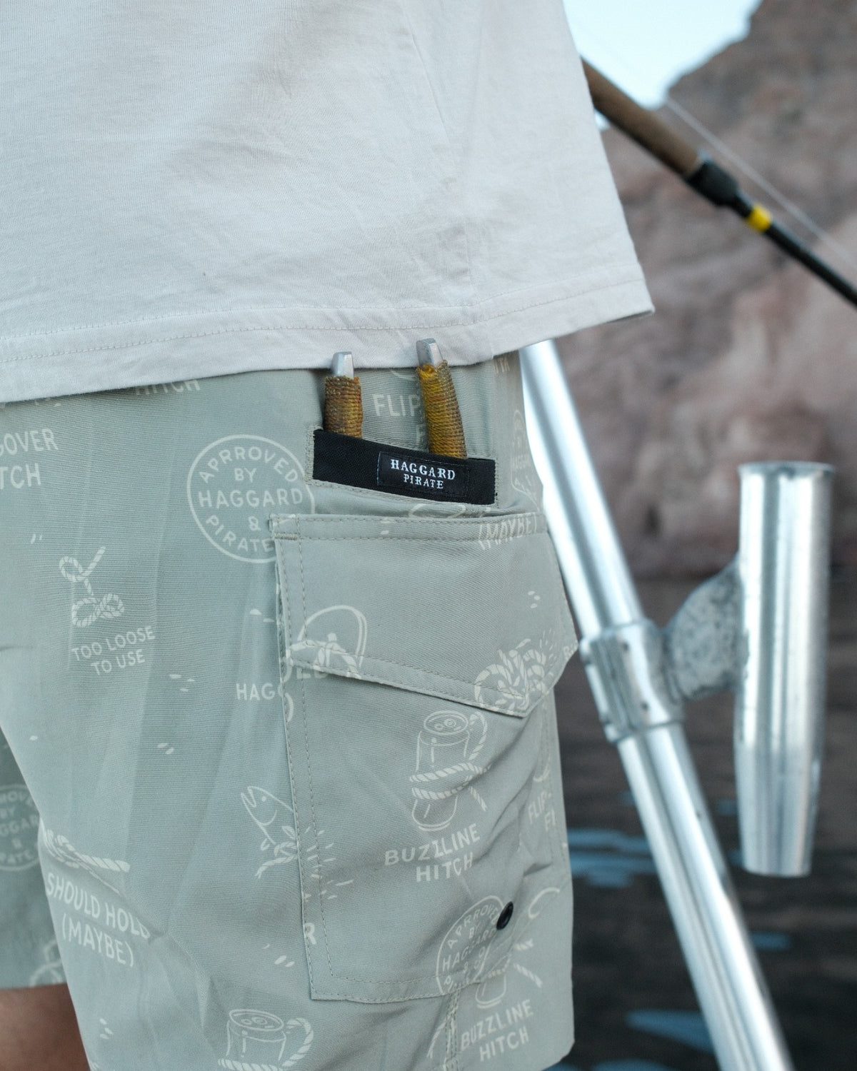 Whatknot Utility Short — reinforced pocket holding fishing pliers