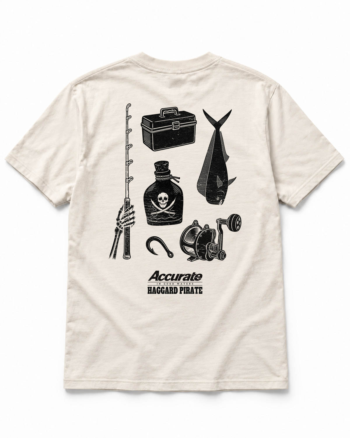 Accurate × Haggard Pirate Natural tee — back view with black fishing-inspired artwork