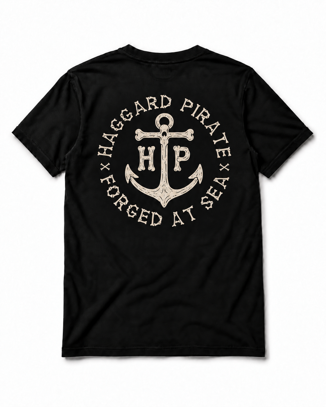 Anchored black tee back studio view with ivory anchor graphic