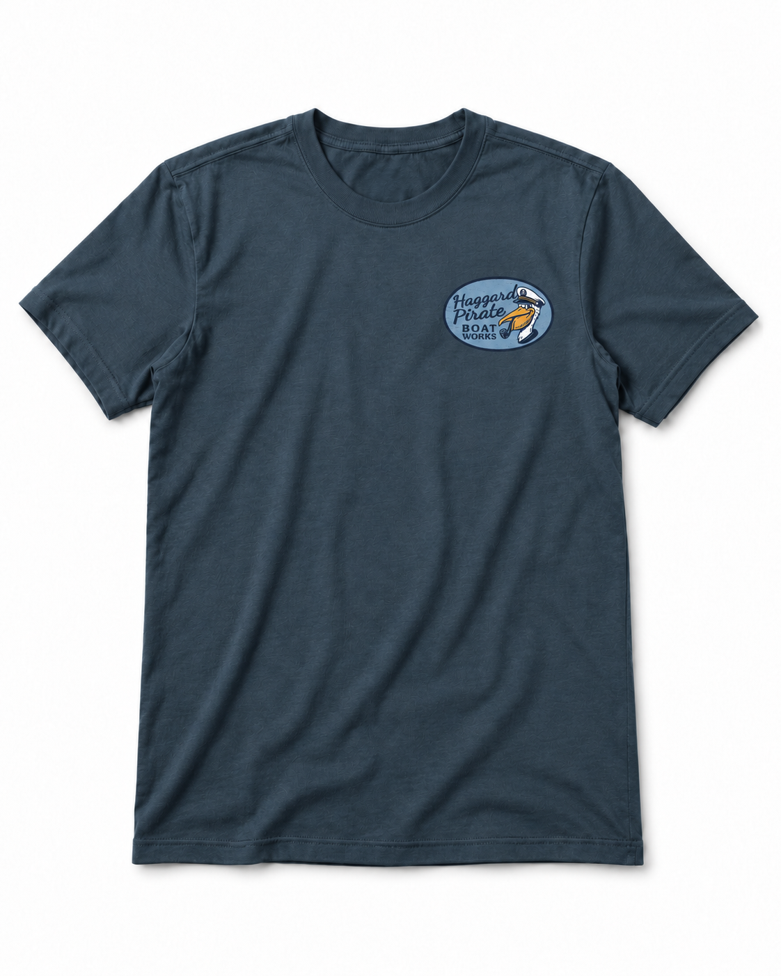 Front view of Petrol blue Boat Works Tee with small left chest badge
