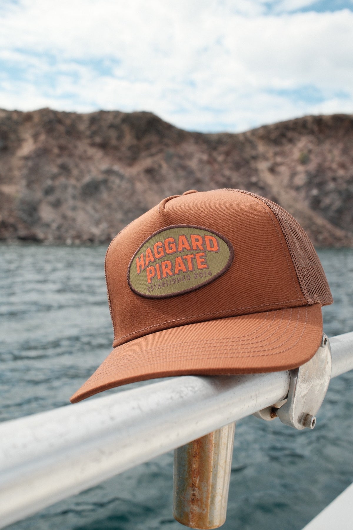 Brushline Trucker Coffee on the boat in Baja