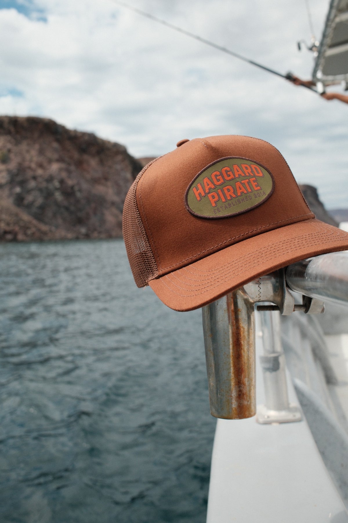 Brushline Trucker Coffee on the boat in Baja
