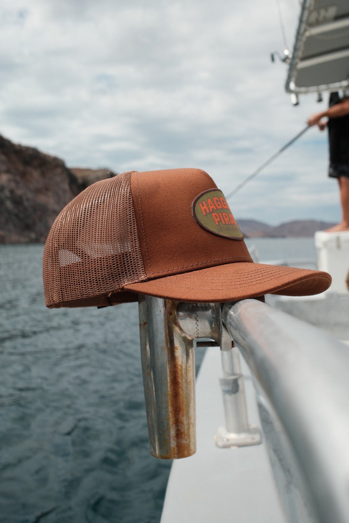 Brushline Trucker Coffee on the boat in Baja
