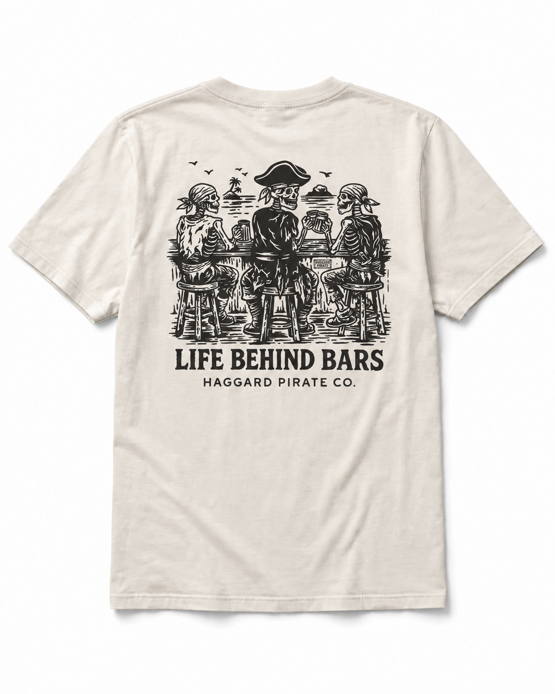 Back view of Haggard Pirate Behind Bars Tee in Bone with Life Behind Bars pirate artwork