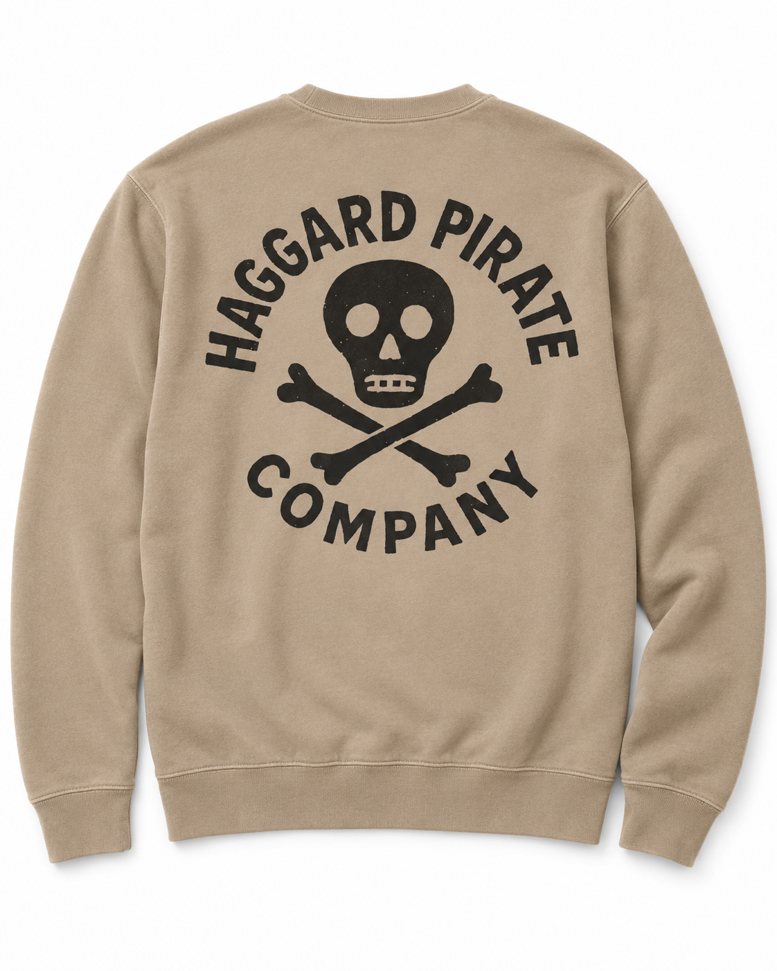 Back of the Old Standard Crewneck in Pigment Sandstone with a large black Haggard Pirate Company skull and crossbones print.