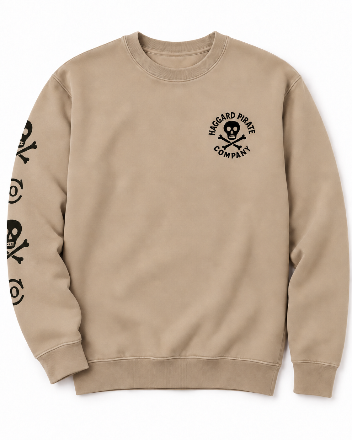 Front of the Old Standard Crewneck in Pigment Sandstone with a small left-chest skull graphic and four black motifs wrapping around the outer right sleeve.