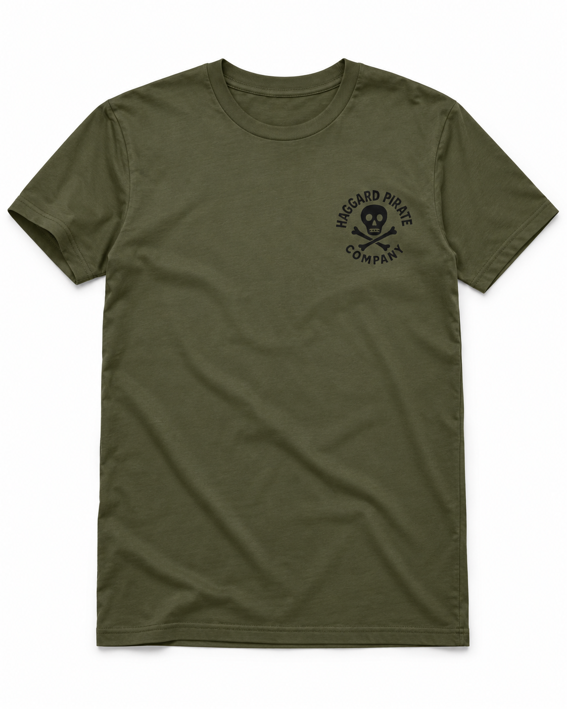 Front of the Old Standard Tee in Army green with a small black Haggard Pirate Company skull and crossbones print on the left chest.