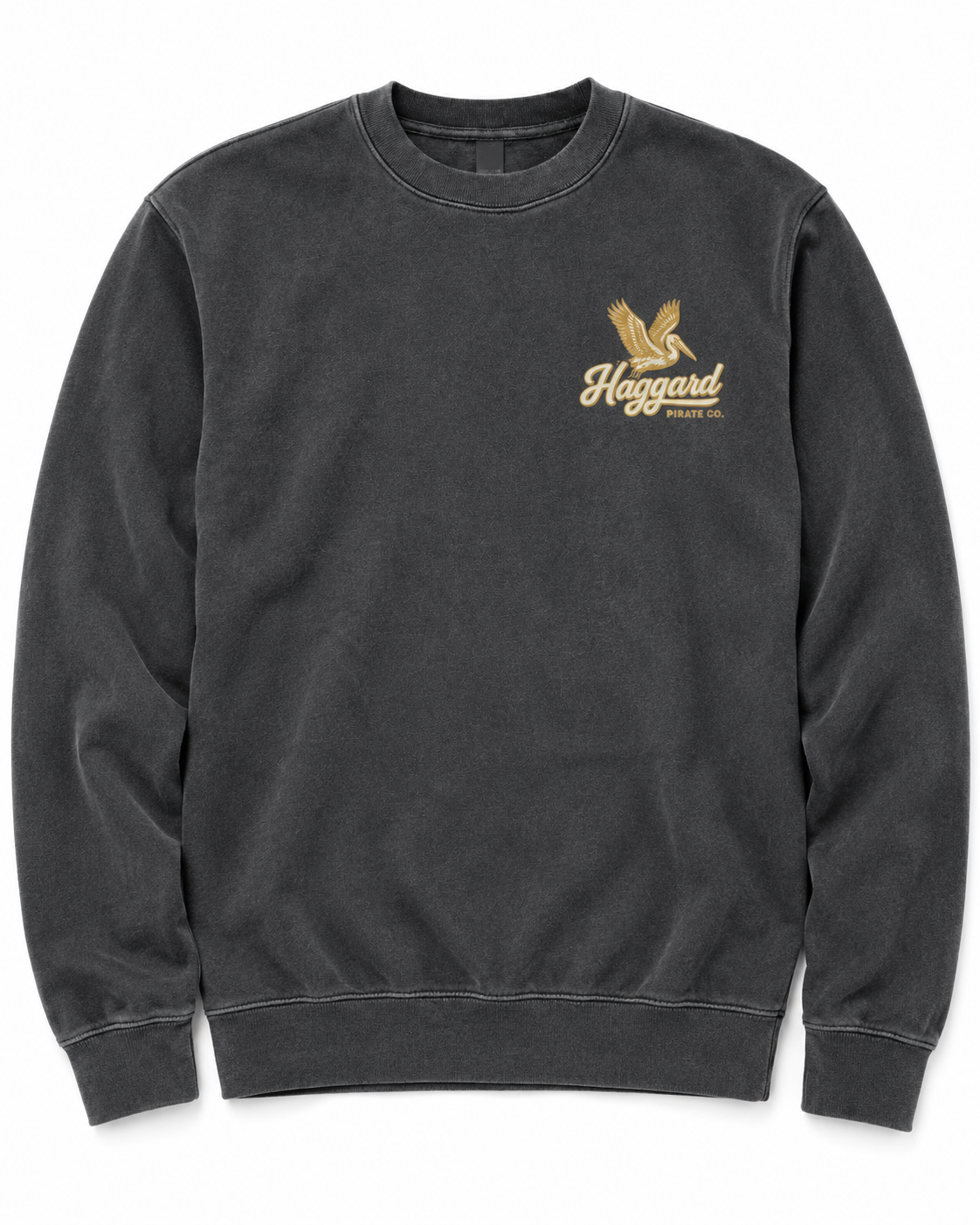 Front of the Outfitters Crewneck in Pigment Black with a gold and ivory pelican logo on the left chest.