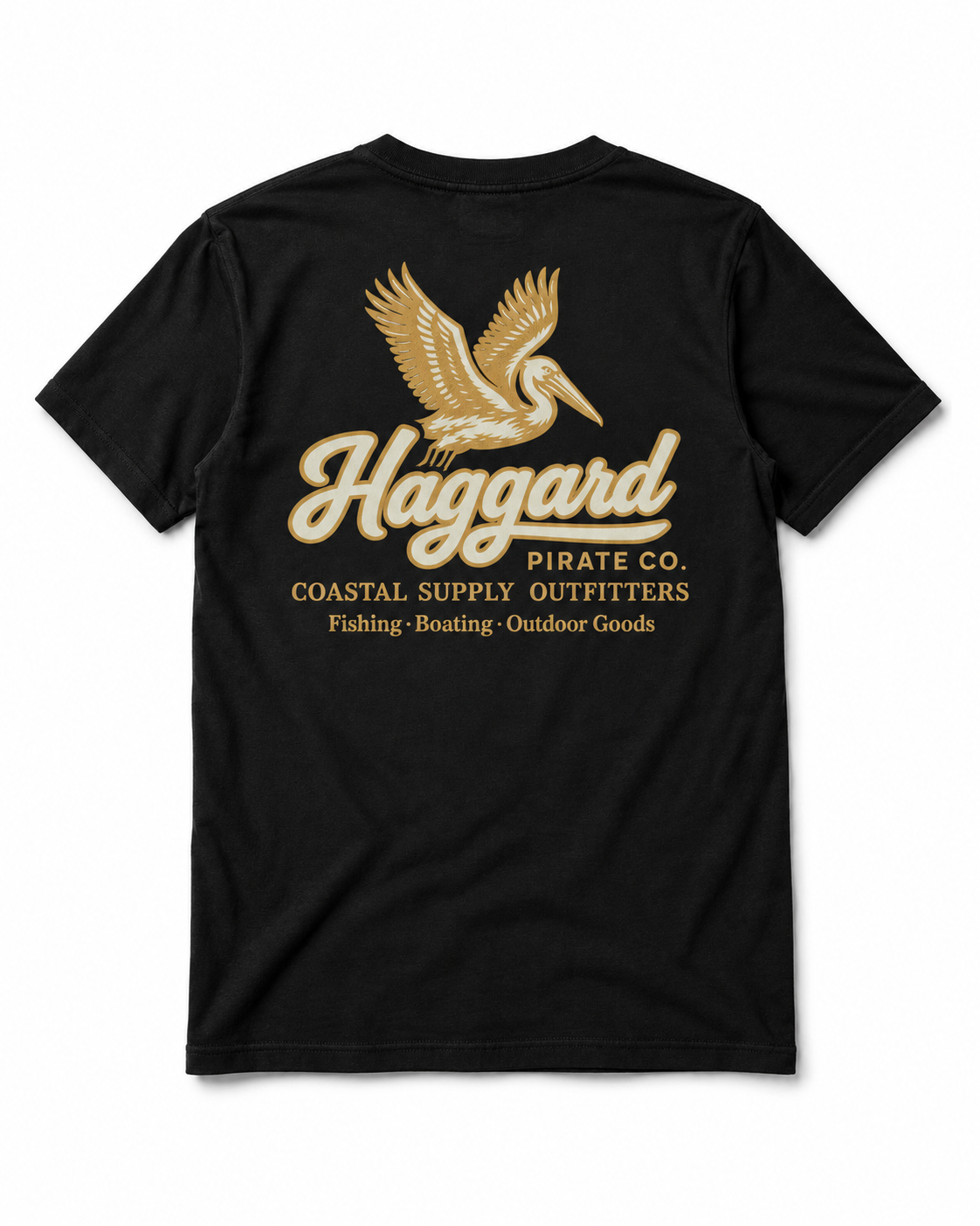 Back view of the black Haggard Pirate Outfitters Tee with gold and ivory pelican graphic and Coastal Supply Outfitters lettering