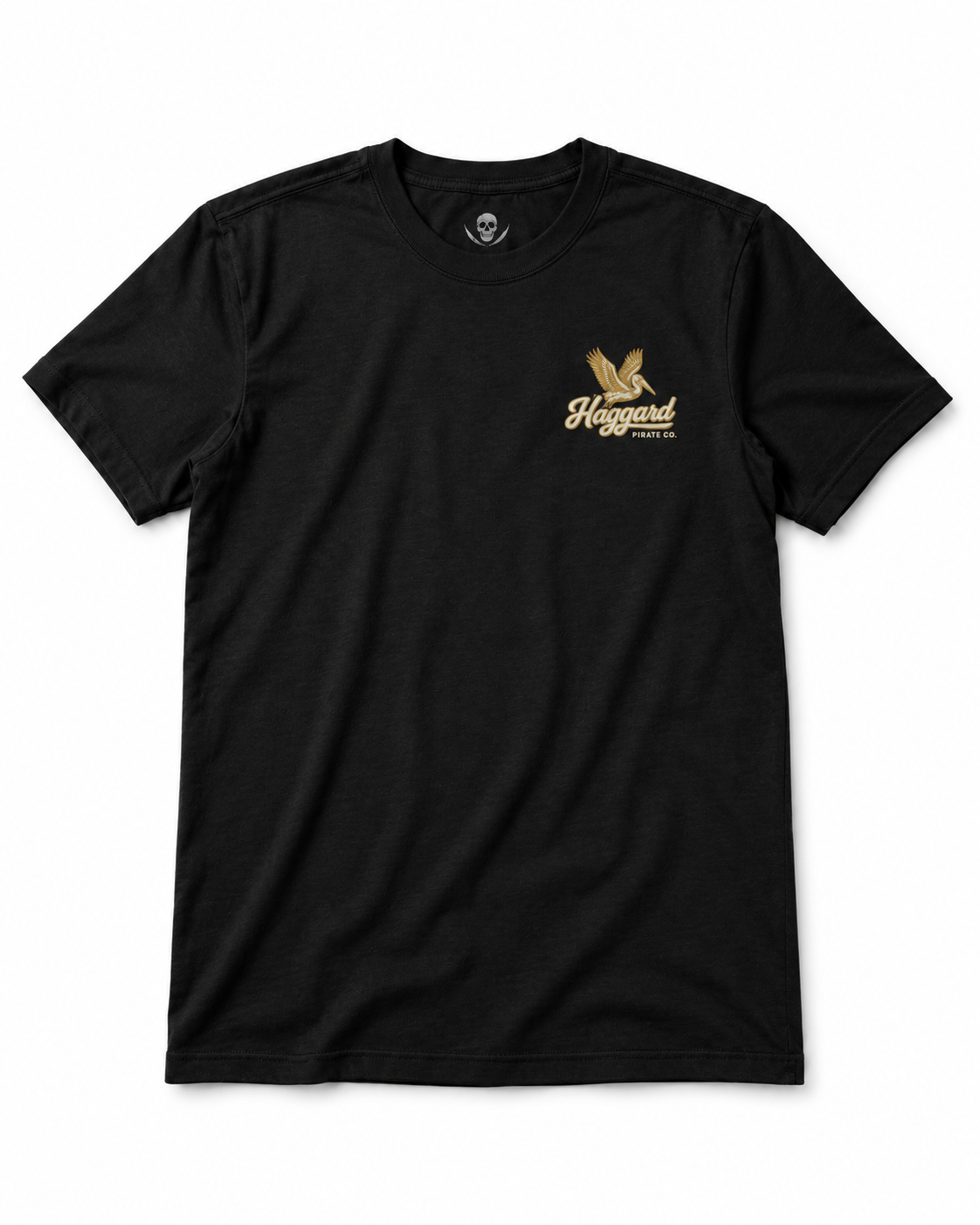 Front view of the black Haggard Pirate Outfitters Tee with gold and ivory left chest pelican print