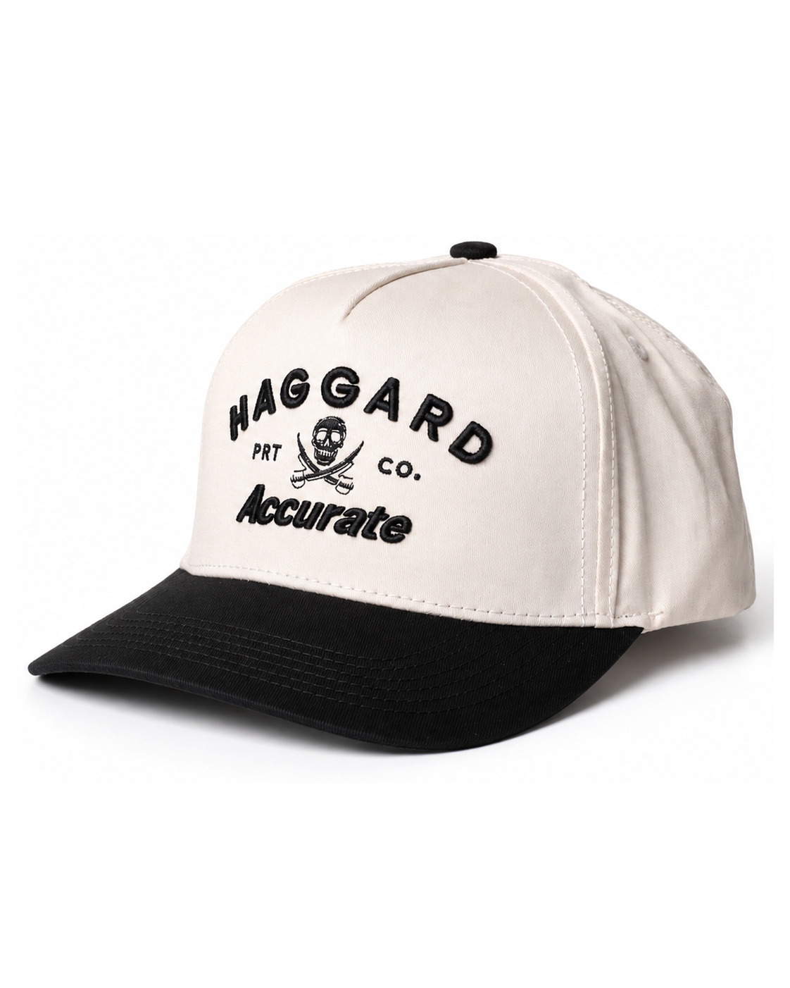 Accurate × Haggard Pirate hat — Natural crown, black brim and black embroidered collaboration artwork