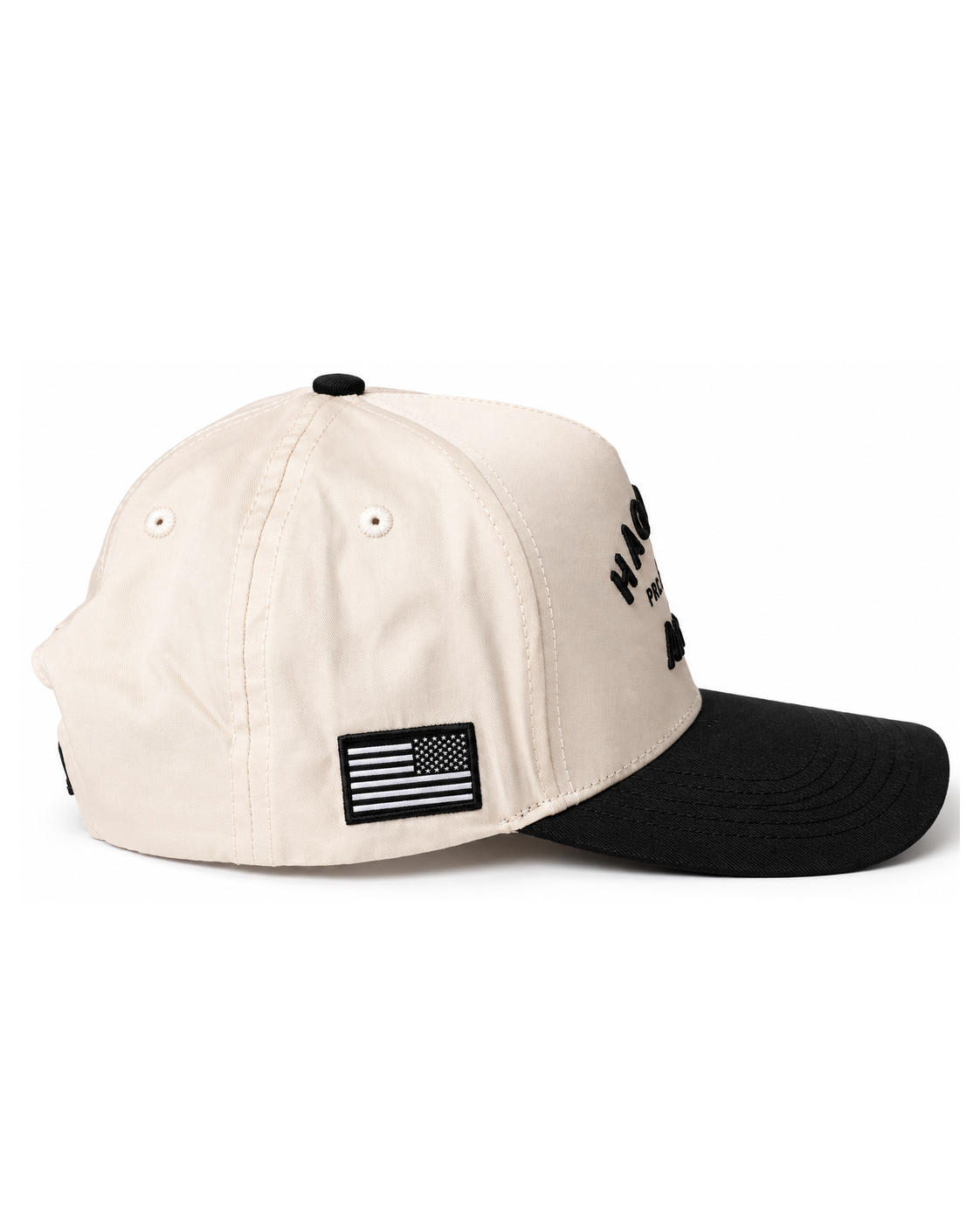 Accurate × Haggard Pirate hat — side view with black-and-white American flag detail