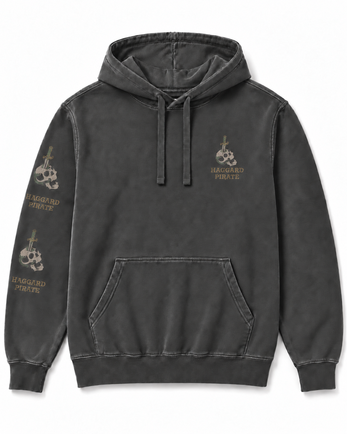 Loose Cannons Midweight Pigment Hoodie - Washed Black, front and sleeve discharge prints