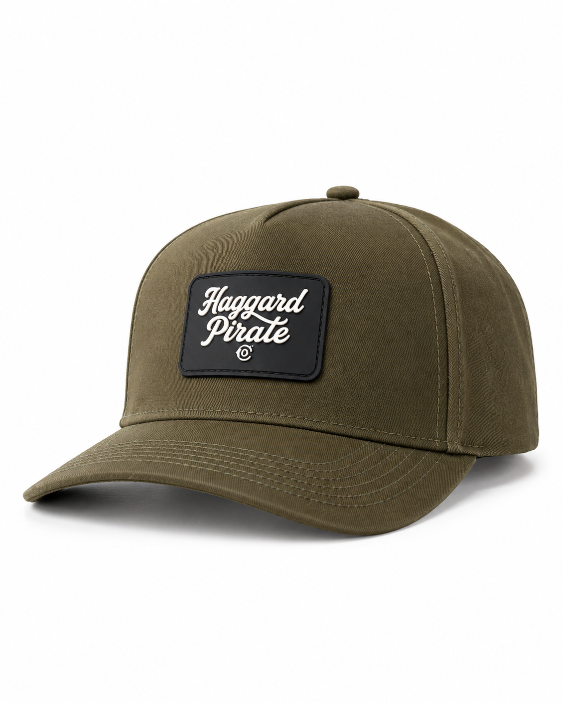 Script Snapback Olive Green front studio view with black PVC script patch