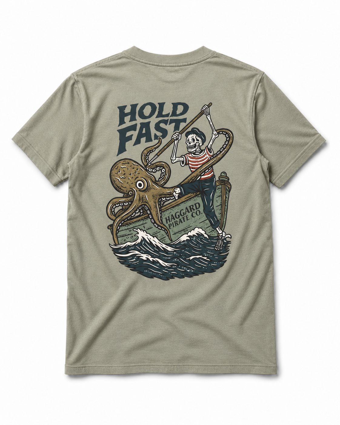 Sea Stories Eucalyptus tee back with Hold Fast graphic