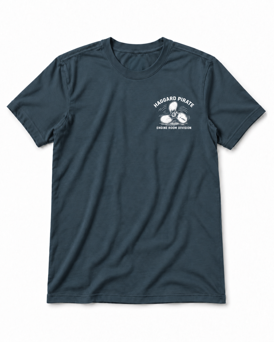 Turn & Burn Petrol tee front studio view with white propeller graphic