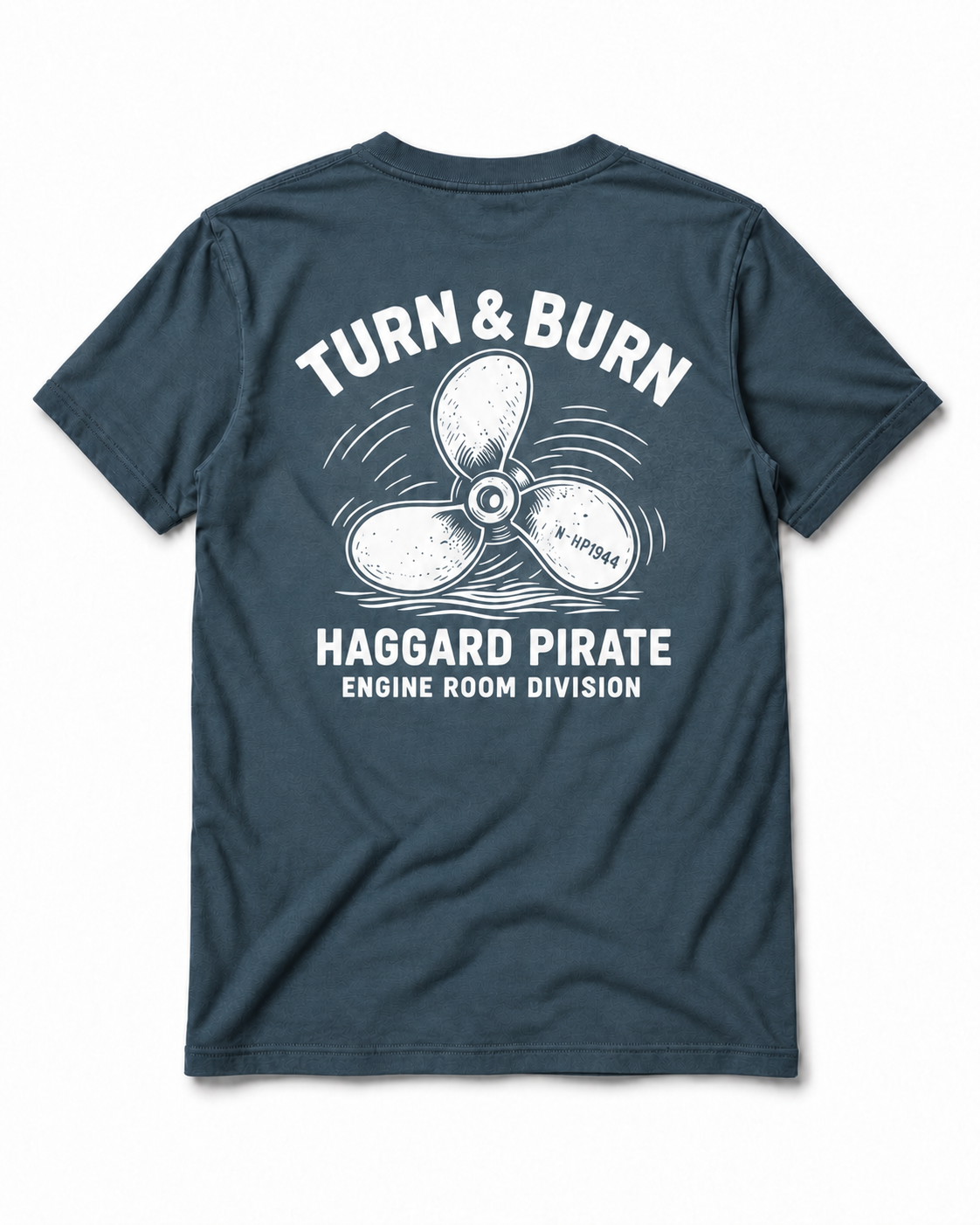 Turn & Burn Petrol tee back studio view with white propeller graphic